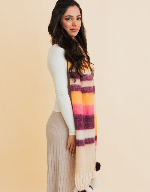 Load image into Gallery viewer, Contrast Color Stripes Chunky Pom Tassel Scarf
