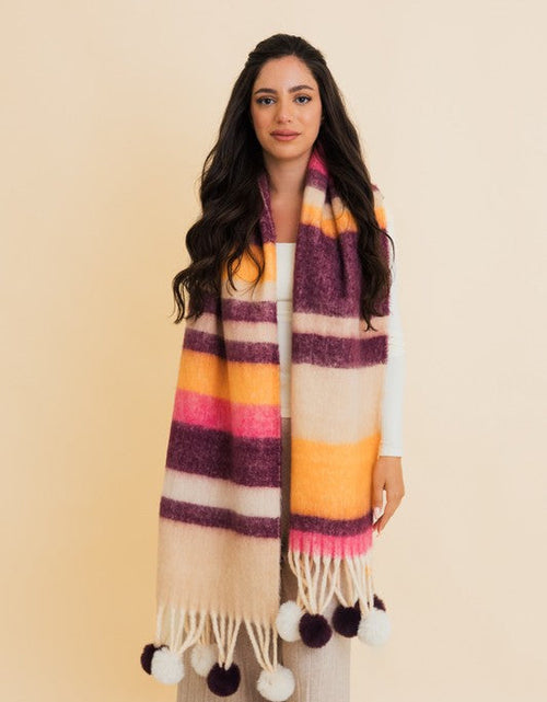 Load image into Gallery viewer, Contrast Color Stripes Chunky Pom Tassel Scarf
