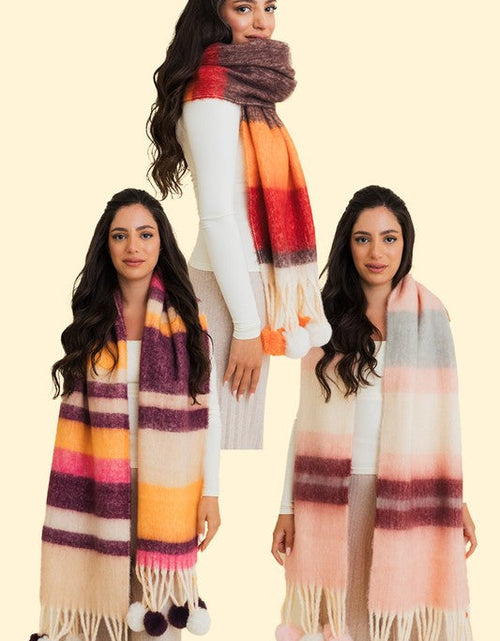 Load image into Gallery viewer, Contrast Color Stripes Chunky Pom Tassel Scarf
