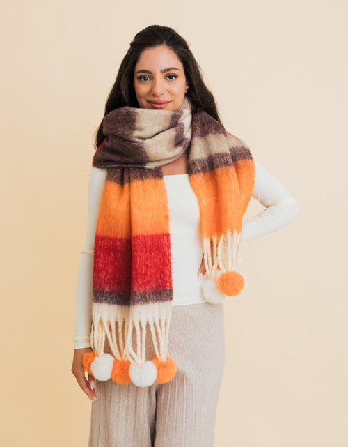 Load image into Gallery viewer, Contrast Color Stripes Chunky Pom Tassel Scarf
