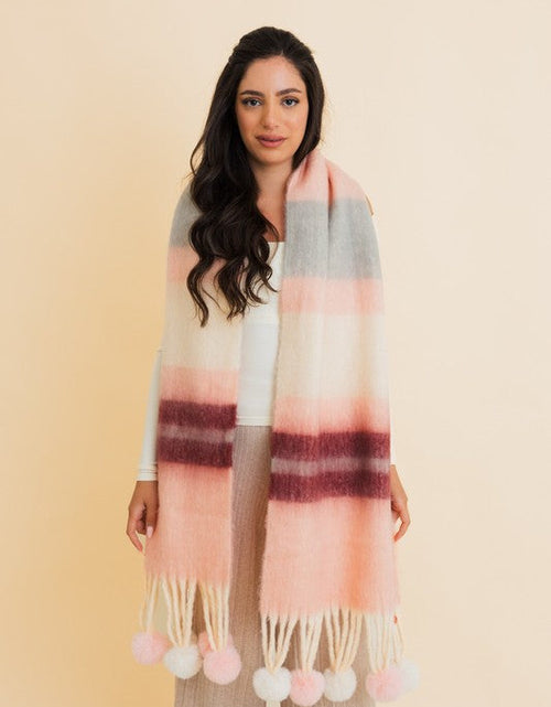 Load image into Gallery viewer, Contrast Color Stripes Chunky Pom Tassel Scarf
