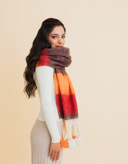 Load image into Gallery viewer, Contrast Color Stripes Chunky Pom Tassel Scarf
