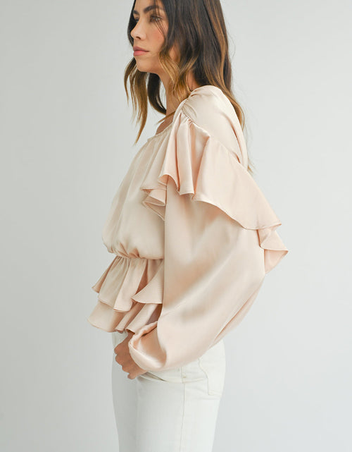 Load image into Gallery viewer, Oatmeal Lace-up Keyhole Back Ruffled Peplum Blouse
