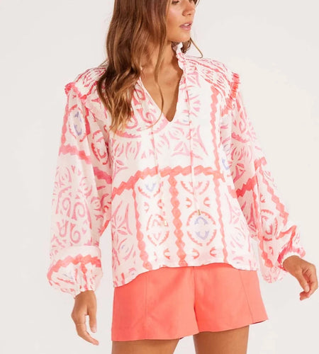 Desert Flower Vintage Print Smocked Poet Collar Billowy Blouson