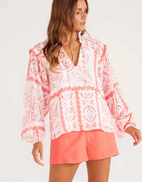 Load image into Gallery viewer, Desert Flower Vintage Print Smocked Poet Collar Billowy Blouson
