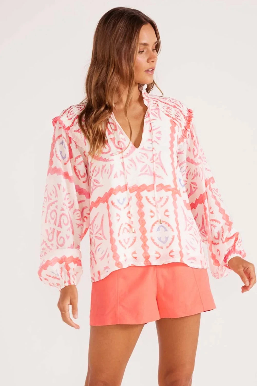 Desert Flower Vintage Print Smocked Poet Collar Billowy Blouson
