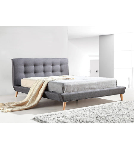 Double Linen Fabric Bed with Button Tufted Headboard - Grey