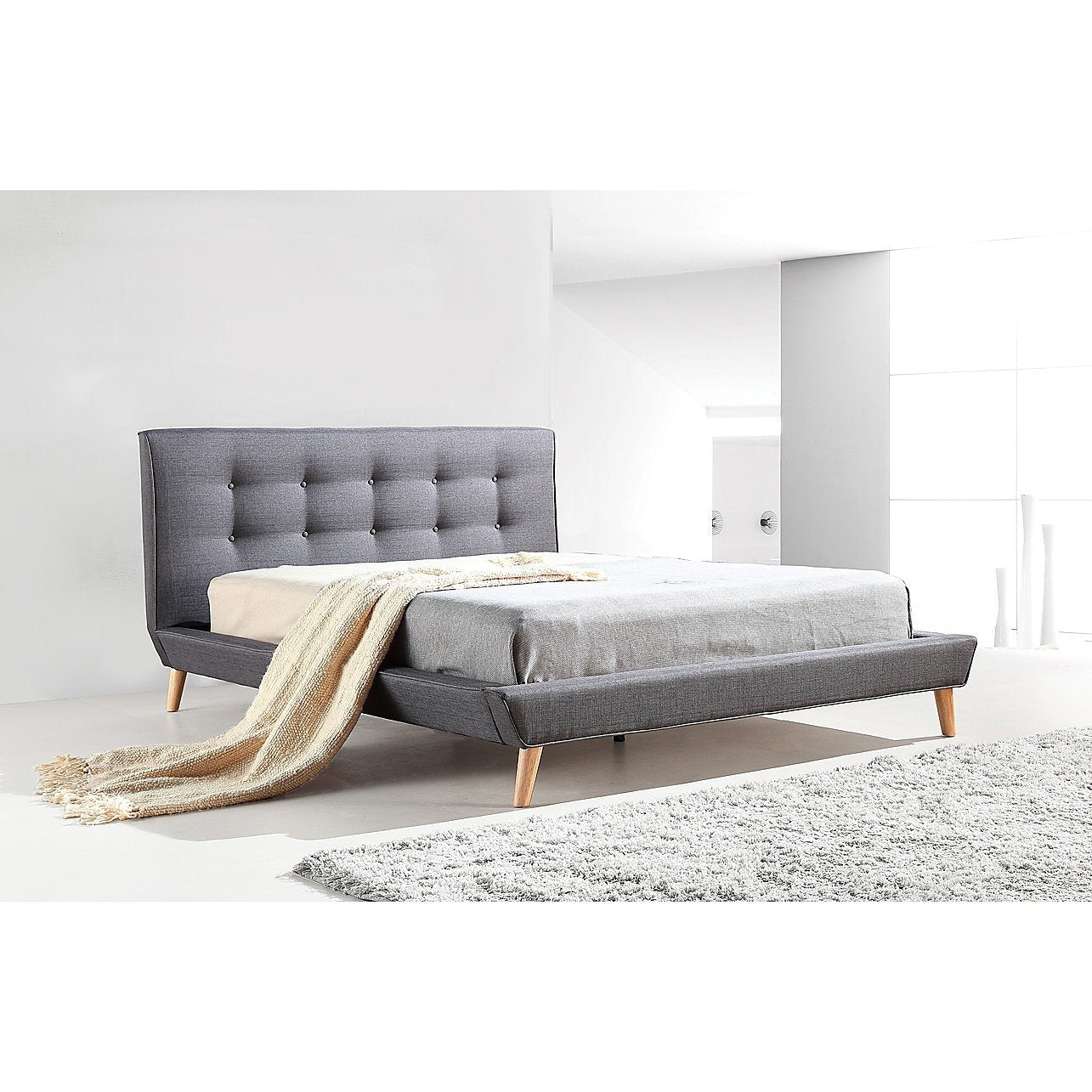 Double Linen Fabric Bed with Button Tufted Headboard - Grey