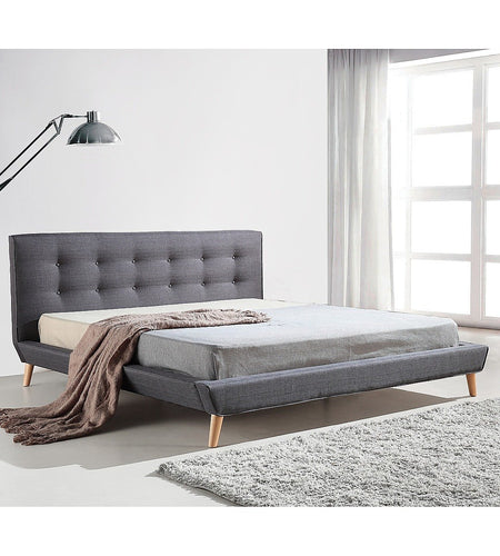 King Linen Fabric Bed with Button Tufted Headboard - Grey
