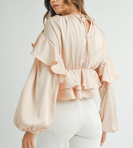 Oatmeal Lace-up Keyhole Back Ruffled Peplum Blouse