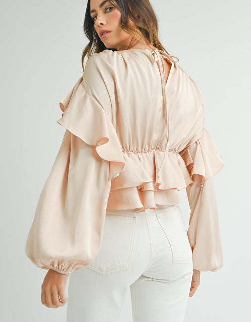 Load image into Gallery viewer, Oatmeal Lace-up Keyhole Back Ruffled Peplum Blouse
