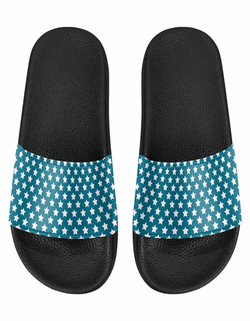 Load image into Gallery viewer, Mens Slide Sandals, Aqua Blue and White Stars
