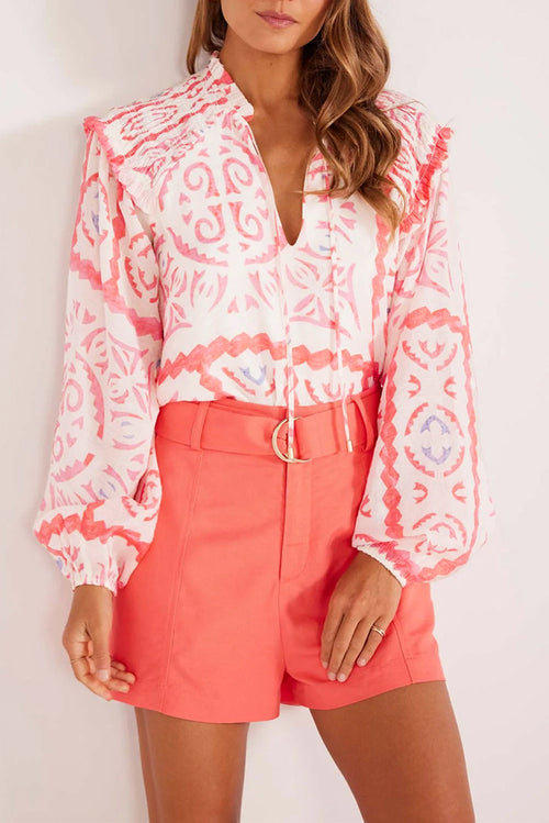 Desert Flower Vintage Print Smocked Poet Collar Billowy Blouson