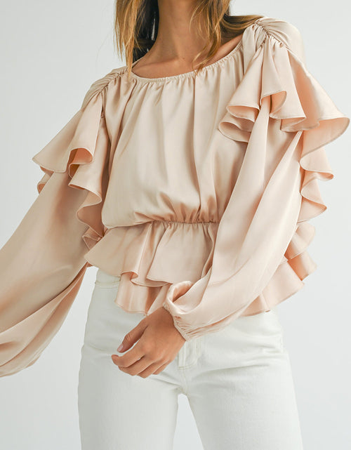 Load image into Gallery viewer, Oatmeal Lace-up Keyhole Back Ruffled Peplum Blouse
