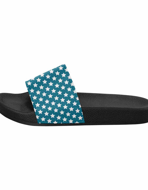 Load image into Gallery viewer, Mens Slide Sandals, Aqua Blue and White Stars
