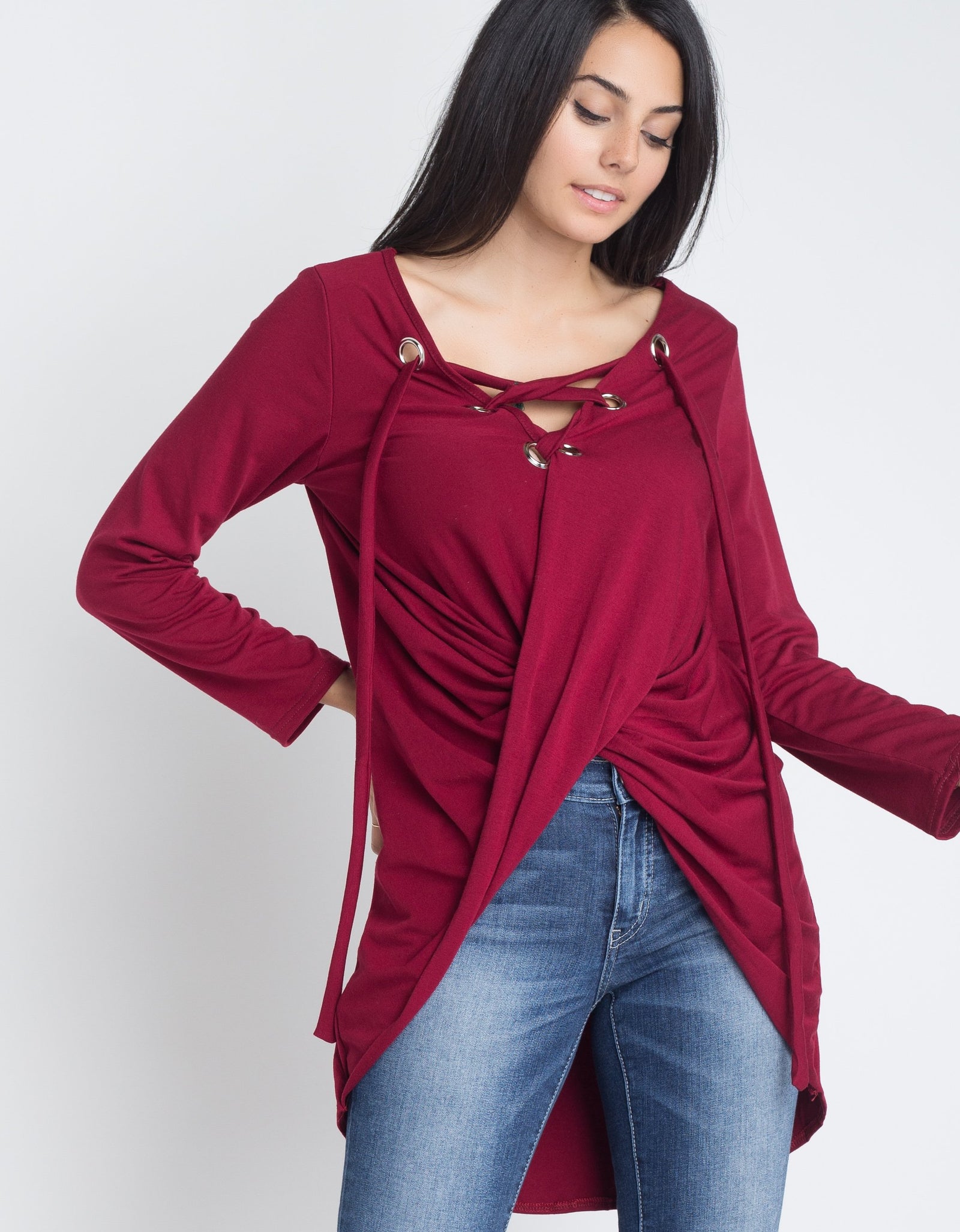 Women's Lace Up Wrap Long Sleeve Top