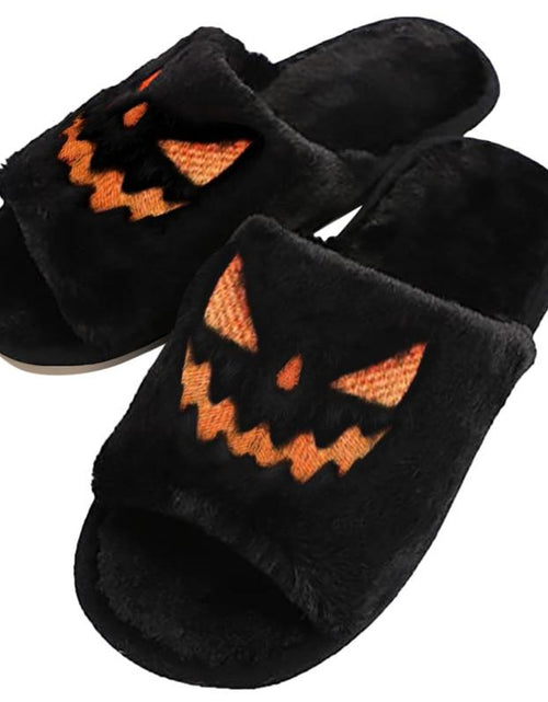 Load image into Gallery viewer, Halloween Pumpkin Fuzzy Slippers Soft Plush Cozy Open Toe Women Slides
