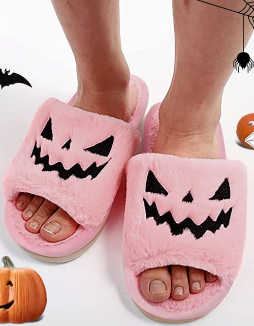 Load image into Gallery viewer, Halloween Pumpkin Fuzzy Slippers Soft Plush Cozy Open Toe Women Slides

