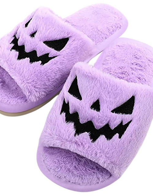Load image into Gallery viewer, Halloween Pumpkin Fuzzy Slippers Soft Plush Cozy Open Toe Women Slides
