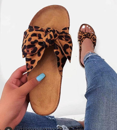 Women Slides 1 Straps Comfy Bow Slide Sandals Leopard