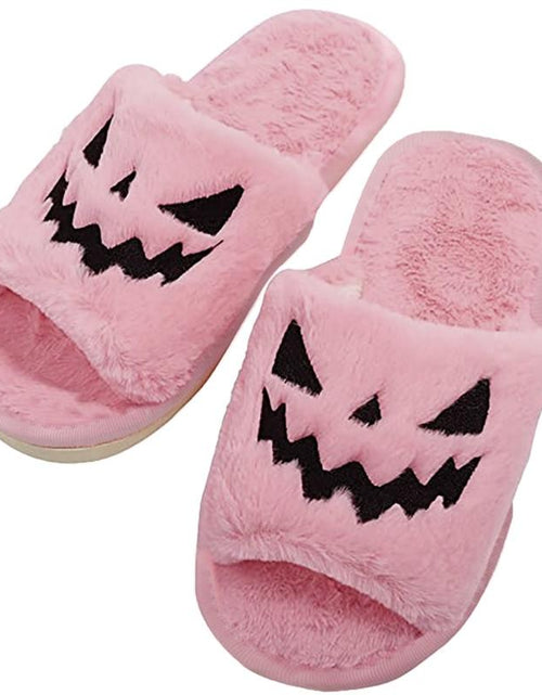 Load image into Gallery viewer, Halloween Pumpkin Fuzzy Slippers Soft Plush Cozy Open Toe Women Slides
