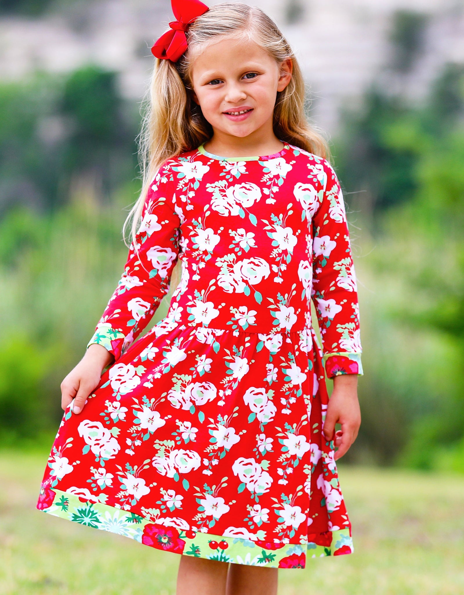 AnnLoren Girls Boutique Christmas Floral Long Sleeve Cotton Party