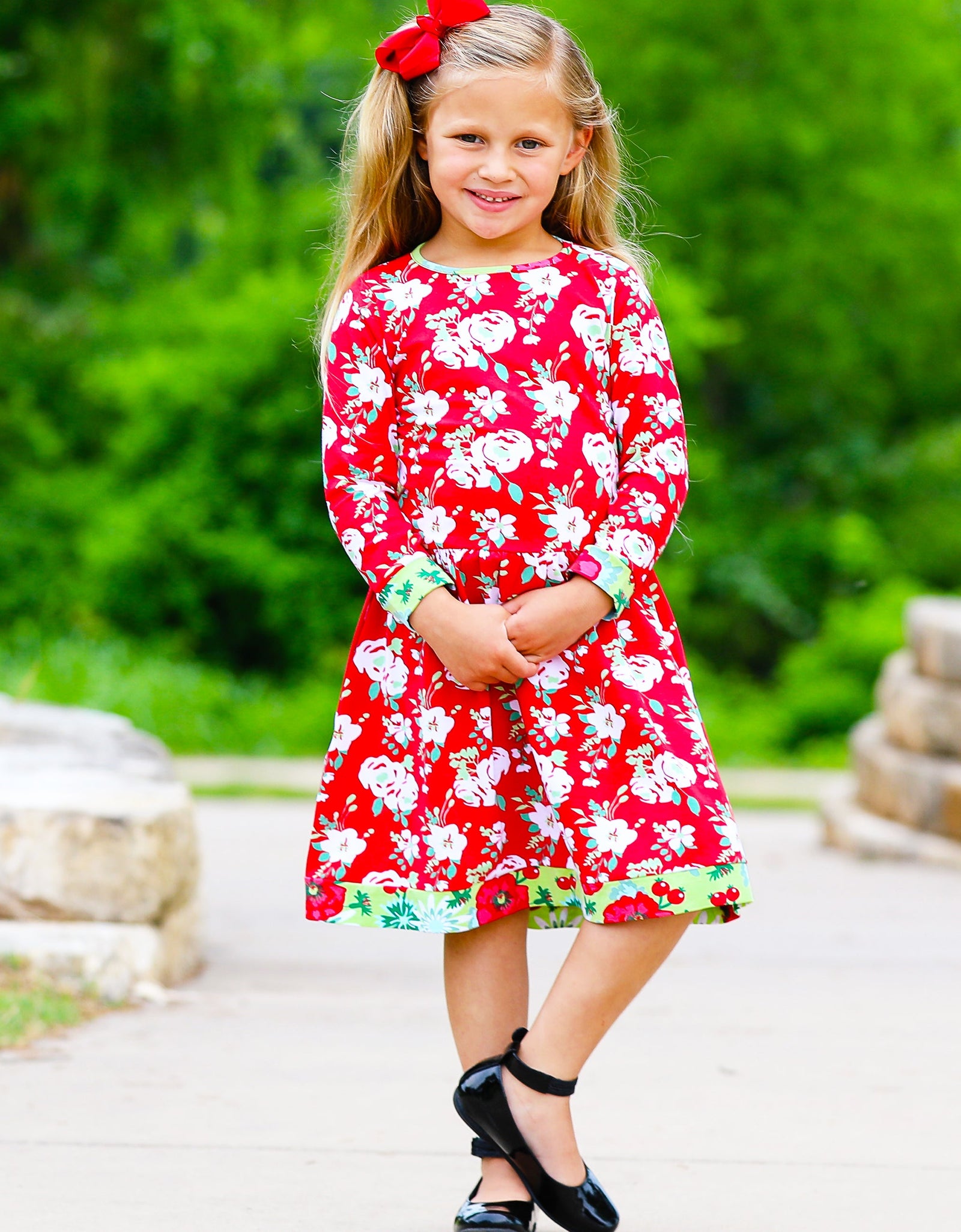 AnnLoren Girls Boutique Christmas Floral Long Sleeve Cotton Party
