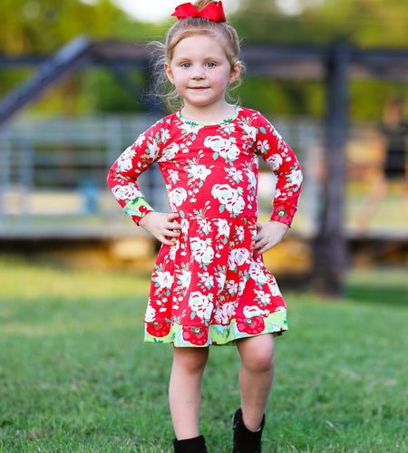 AnnLoren Girls Boutique Christmas Floral Long Sleeve Cotton Party