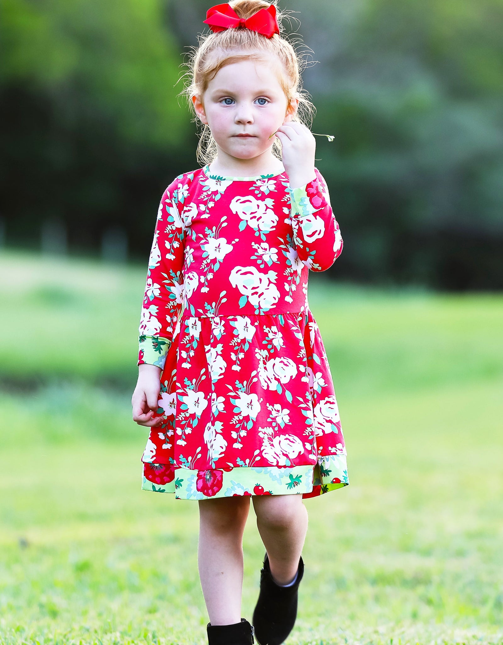 AnnLoren Girls Boutique Christmas Floral Long Sleeve Cotton Party