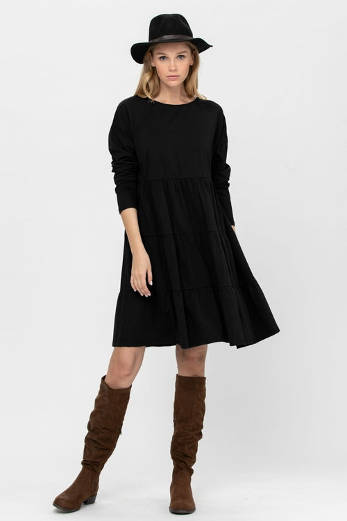 Long Sleeve 3 Tiered Casual Flared Cotton Mini Dress