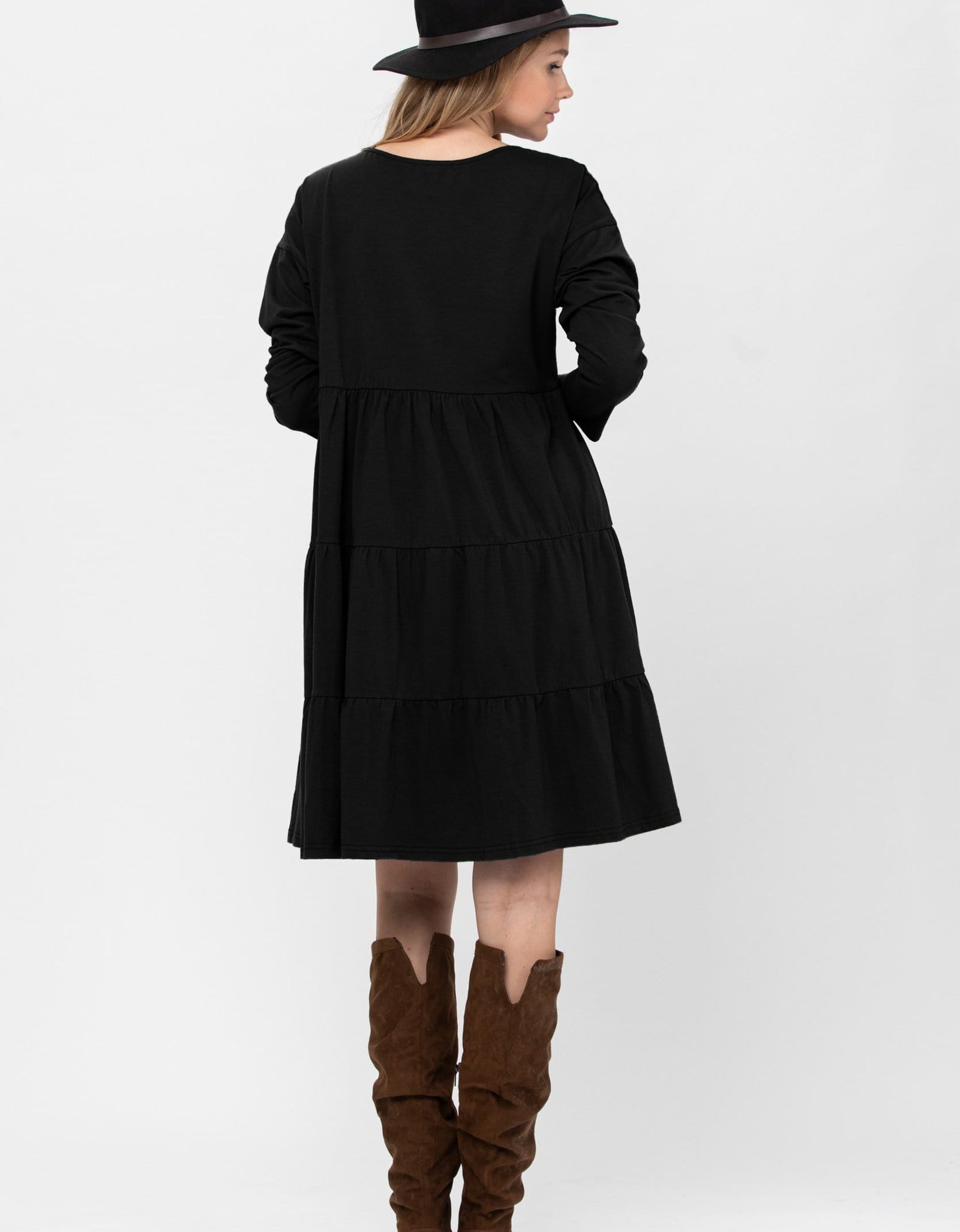 Long Sleeve 3 Tiered Casual Flared Cotton Mini Dress