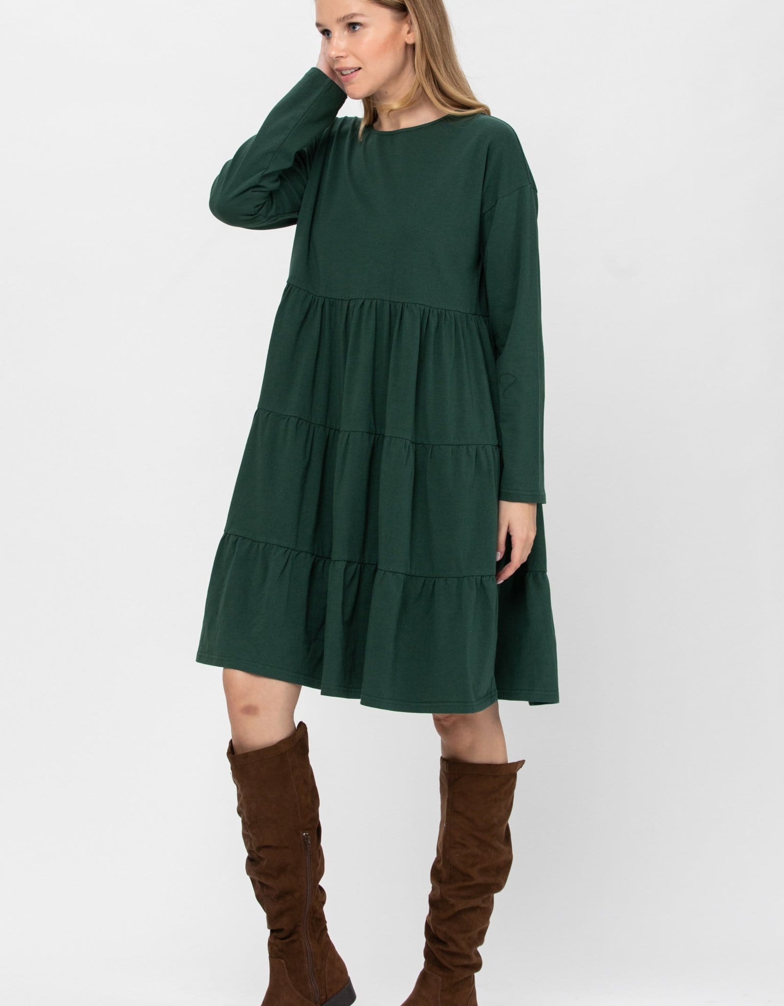 Long Sleeve 3 Tiered Casual Flared Cotton Mini Dress