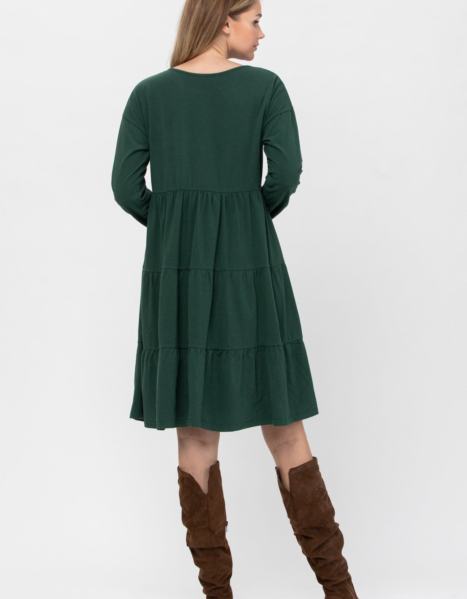 Long Sleeve 3 Tiered Casual Flared Cotton Mini Dress