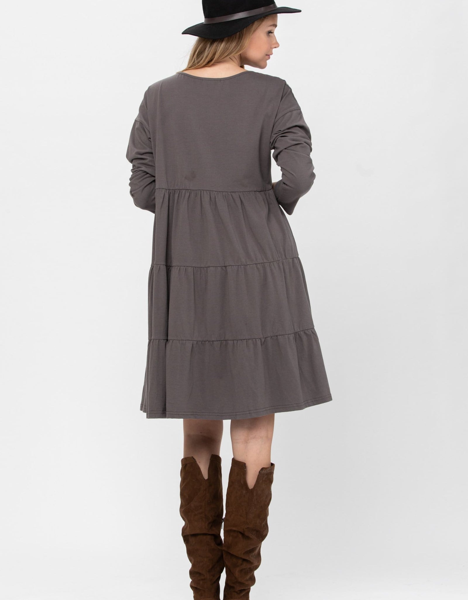 Long Sleeve 3 Tiered Casual Flared Cotton Mini Dress