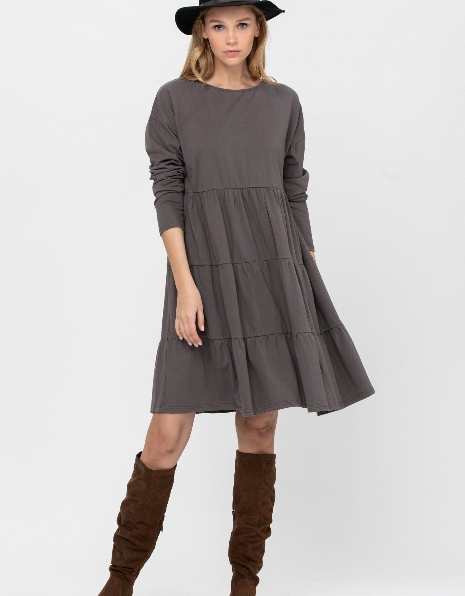 Long Sleeve 3 Tiered Casual Flared Cotton Mini Dress