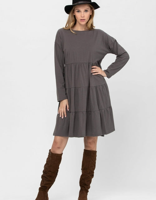 Load image into Gallery viewer, Long Sleeve 3 Tiered Casual Flared Cotton Mini Dress
