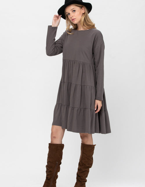 Load image into Gallery viewer, Long Sleeve 3 Tiered Casual Flared Cotton Mini Dress
