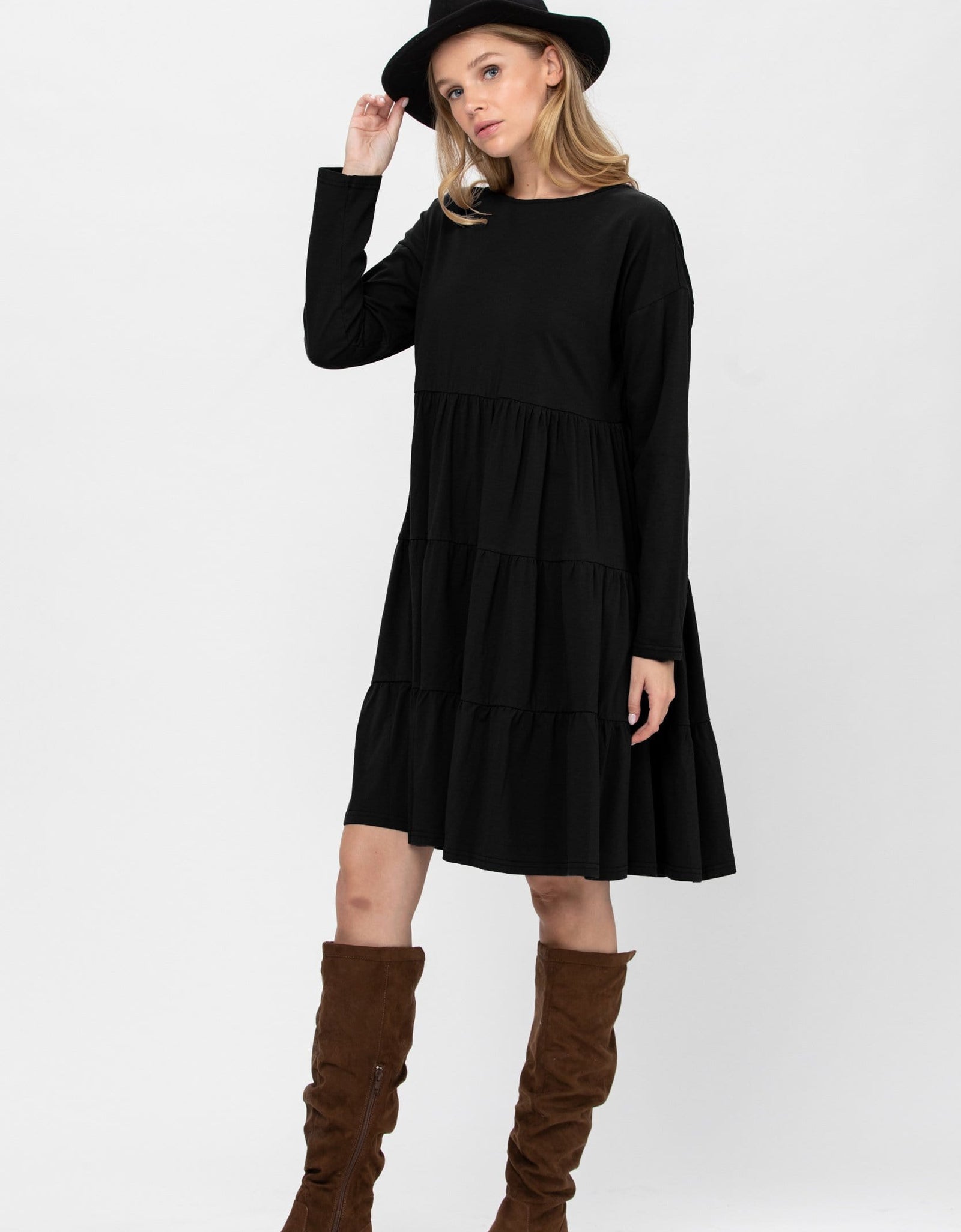 Long Sleeve 3 Tiered Casual Flared Cotton Mini Dress