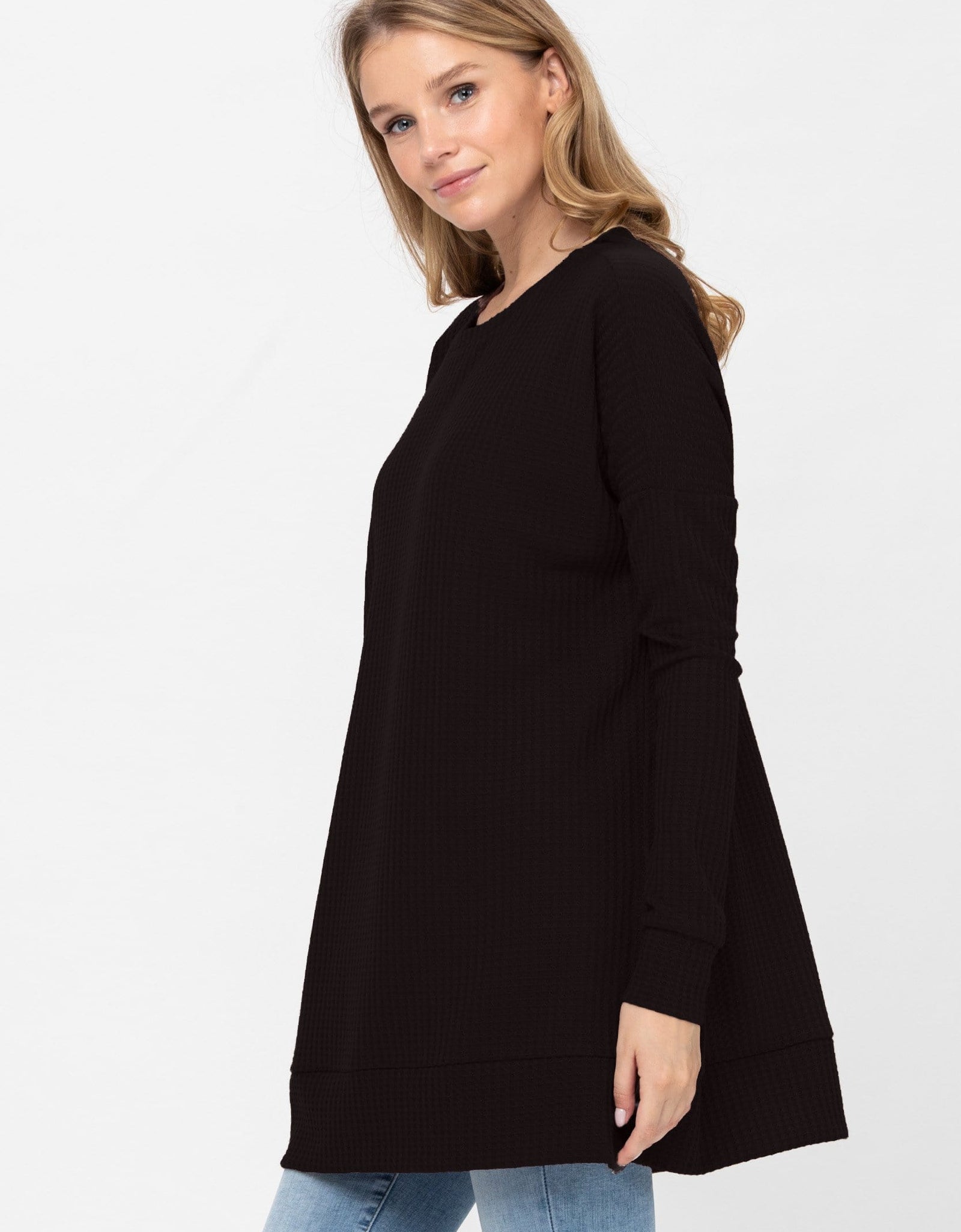 Long Sleeve Waffle Knit Sweater Round Neck Solid Color Pullover Dress