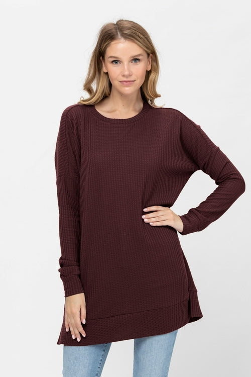 Long Sleeve Waffle Knit Sweater Round Neck Solid Color Pullover Dress