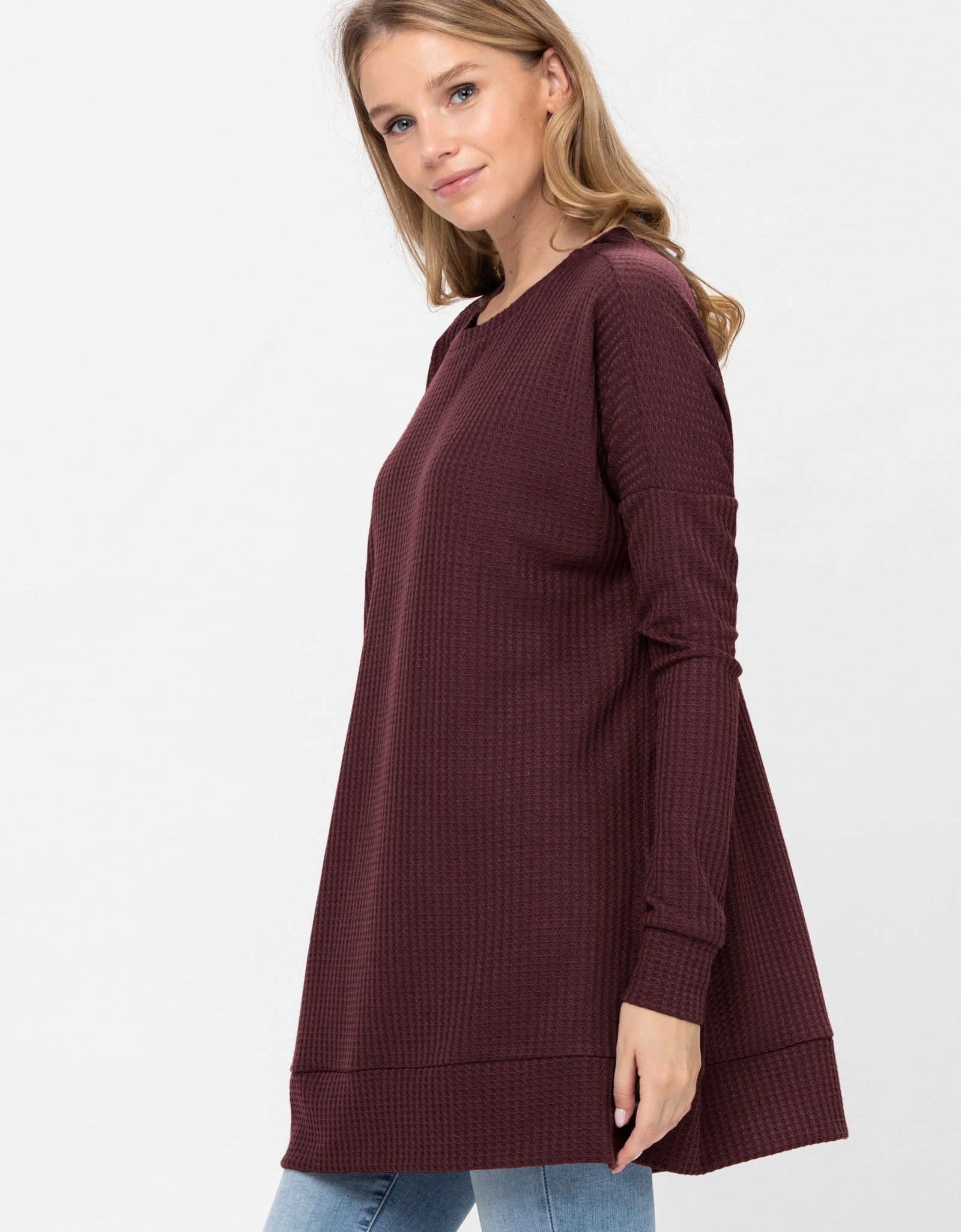 Long Sleeve Waffle Knit Sweater Round Neck Solid Color Pullover Dress