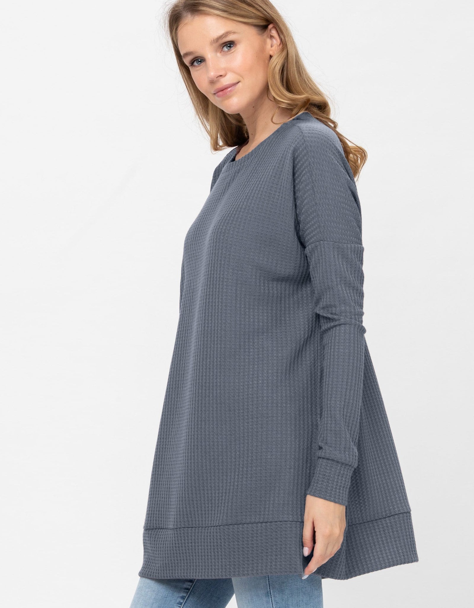 Long Sleeve Waffle Knit Sweater Round Neck Solid Color Pullover Dress