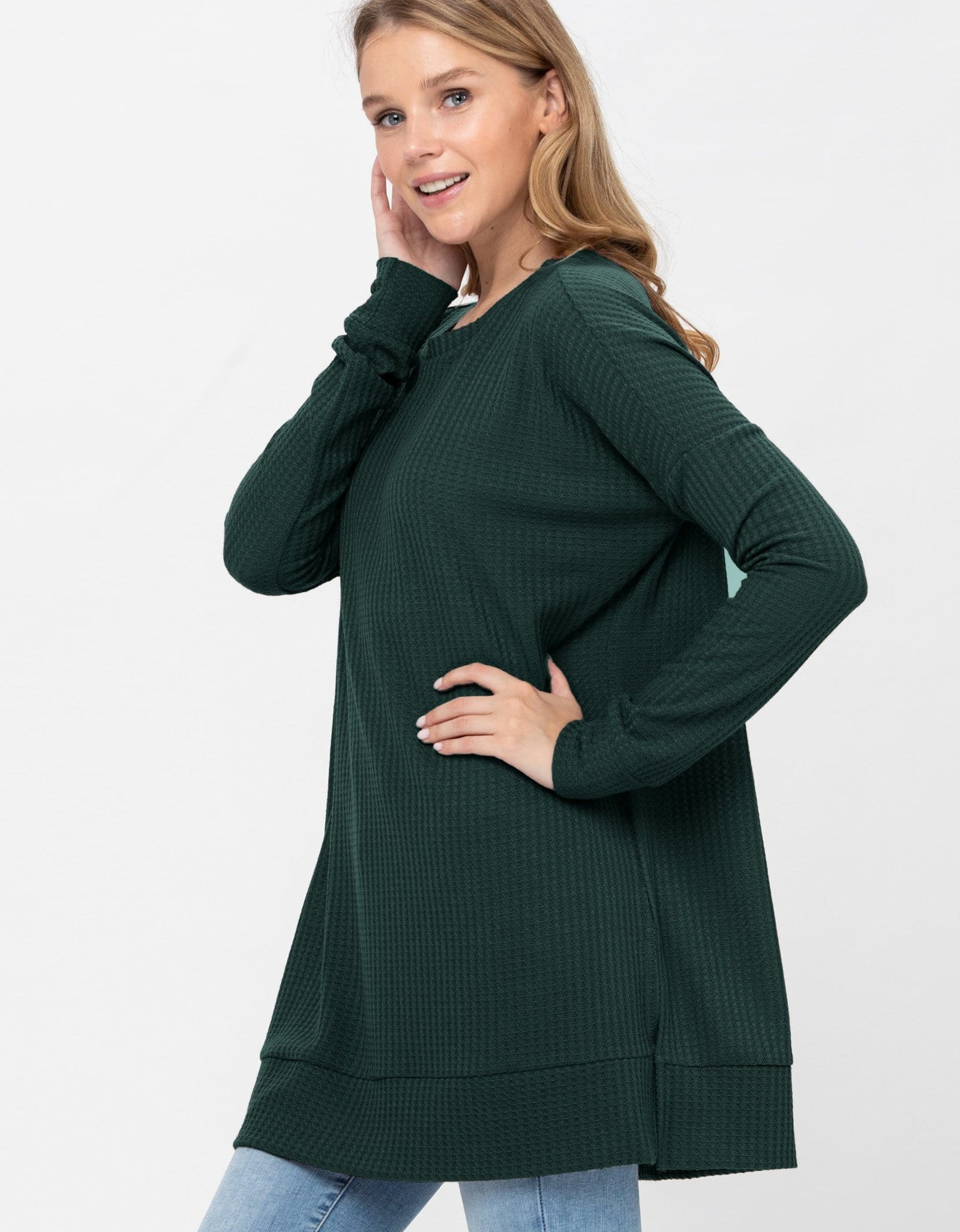 Long Sleeve Waffle Knit Sweater Round Neck Solid Color Pullover Dress