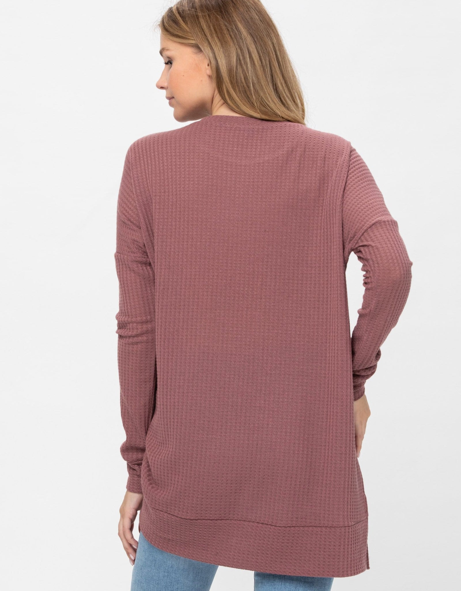 Long Sleeve Waffle Knit Sweater Round Neck Solid Color Pullover Dress