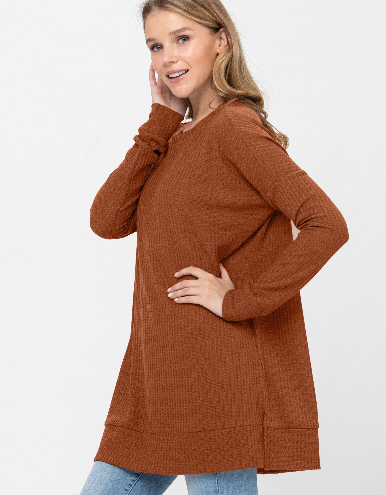 Long Sleeve Waffle Knit Sweater Round Neck Solid Color Pullover Dress