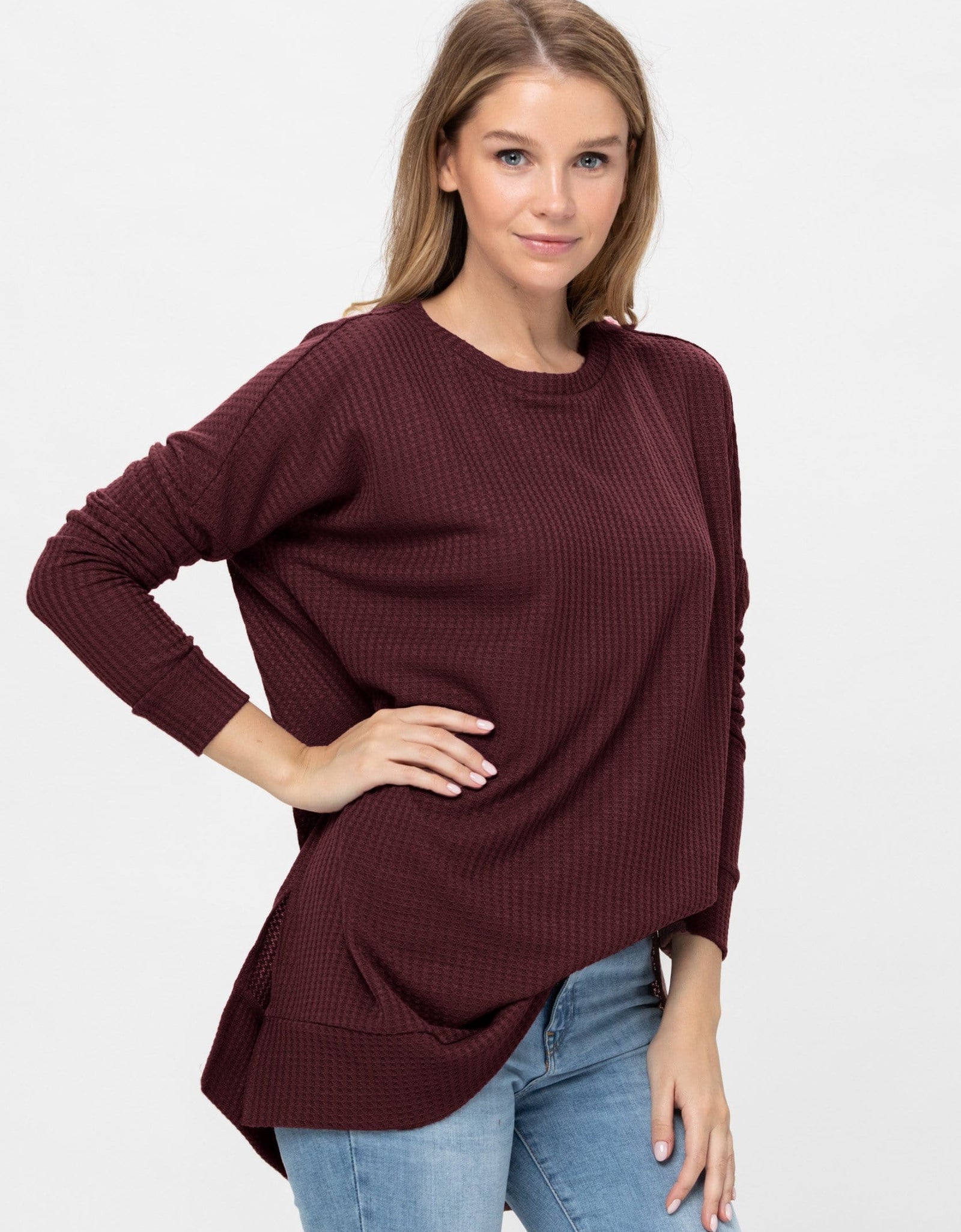 Long Sleeve Waffle Knit Sweater Round Neck Solid Color Pullover Dress