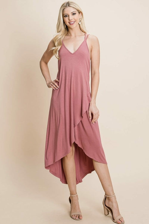 Deep V Cami High Low Hem Crisscrossing Straps Casual Dress