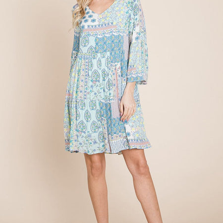 3/4 Sleeve Pleated Floral Flowy Boho swing dresses
