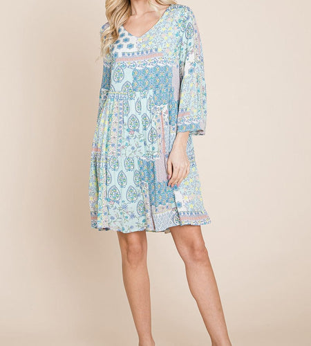 3/4 Sleeve Pleated Floral Flowy Boho swing dresses