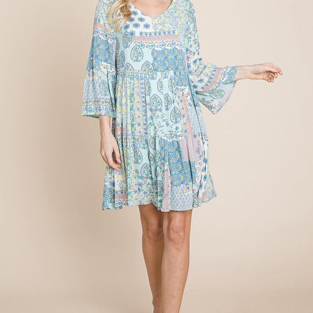 3/4 Sleeve Pleated Floral Flowy Boho swing dresses